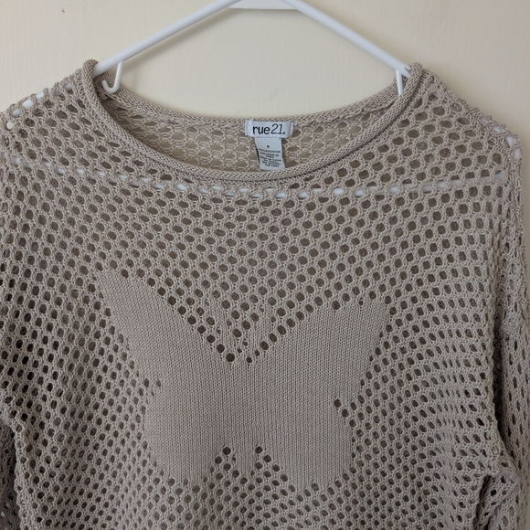 Vintage Y2K Womens Small Beige Crochet Butterfly Sweater Cottage Coquette Boho - Picture 3 of 6